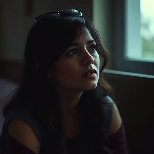 Still from Maria Rodriguez's film 'Labyrinth of Memories' showing a character in deep thought